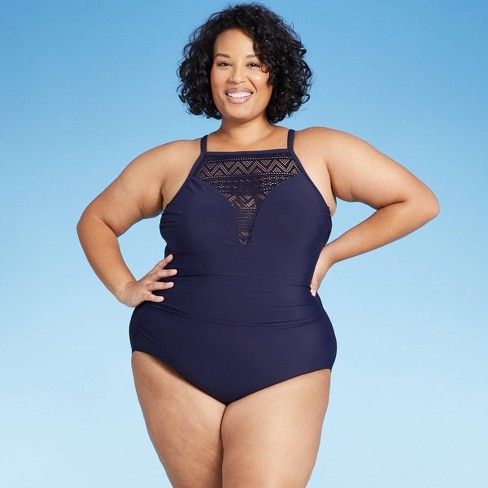 Women S Plus Size Crochet High Neck One Piece Swimsuit Aqua Green Navy Target