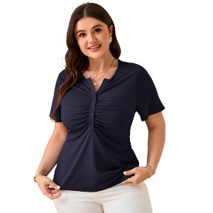 Whizmax Women Plus Size V Neck Button Blouse Short Sleeves Summer Comfy Lightweight Casual Tunic Tops - 1 of 4