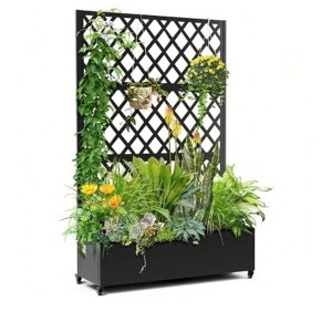 Black Metal Raised Garden Bed with Trellis & Wheels - Tall planter for climbing plants & vegetables. Creates privacy for patio. - 1 of 4