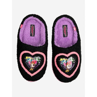 Powerpuff Girls Trio In Heart Black Fuzzy Slippers