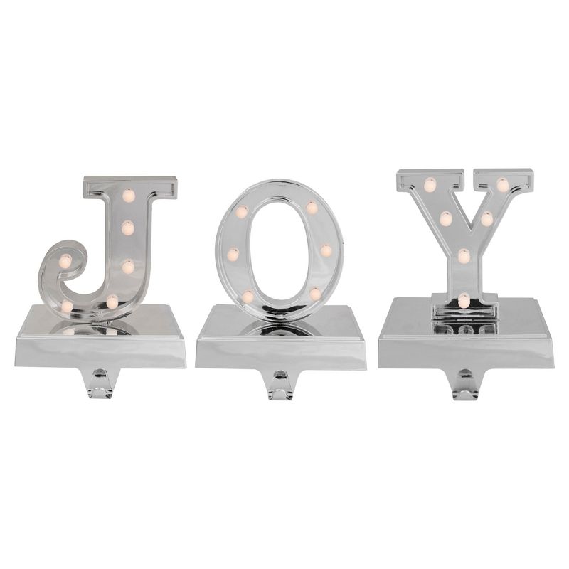 Northlight Set of 3 Silver LED Lighted "JOY" Christmas Stocking Holder 6.5", 1 of 3