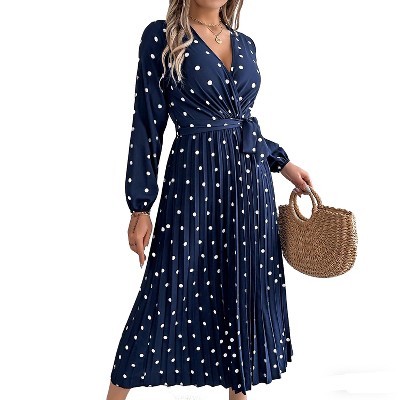 Women's Vintage Polka Dot Wrap Dress Long Sleeve Tie Waist Pleated Midi Dress