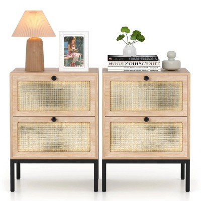 Brafabhome Rattan Nightstands Set of 2 with Drawers, Accent Sofa End Tables Modern Bedside Table with Large Storage for Bedroom Living Room | Beige