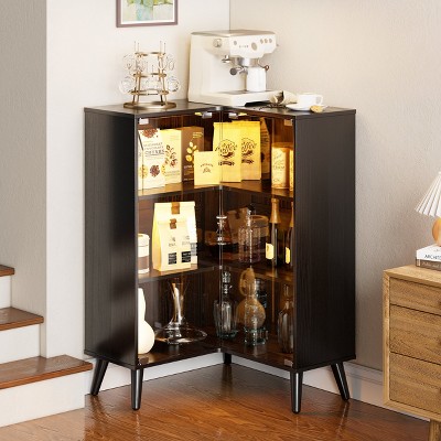 PAKASEPT 3-Tier Corner Glass Display Cabinet with LED Lights, Tempered Glass Doors, Adjustable Shelves, for Bedroom, Living Room