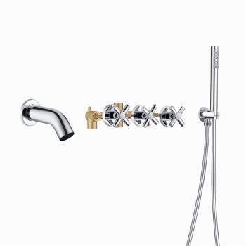 Sumerain Wall Mount Tub Filler Waterfall Tub Faucet with Handheld Shower and 3 Cross Handles, Chrome