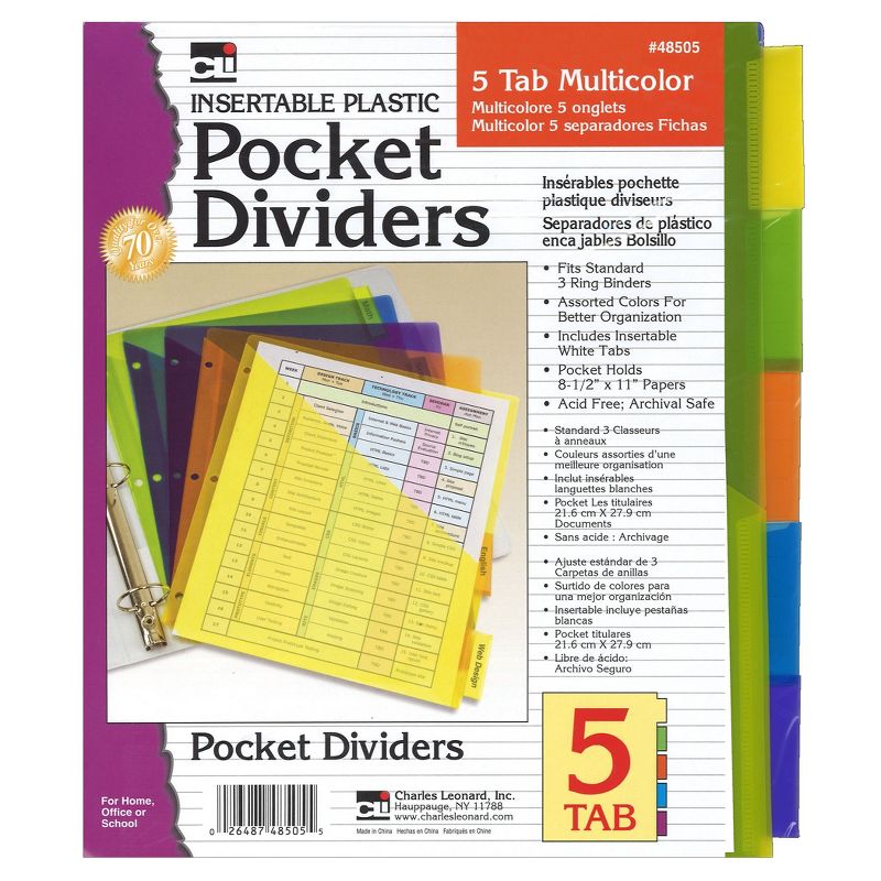 Charles Leonard Index Dividers with Pockets, 5-Tab, Assorted Colors, 5/Pack, 6 Packs, 2 of 3