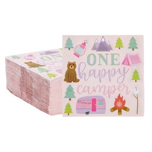 Blue Panda 100 Pack One Happy Camper Birthday Napkins for Camping Themed Party Supplies and Decor (2-ply, 6.5 In) - 1 of 4