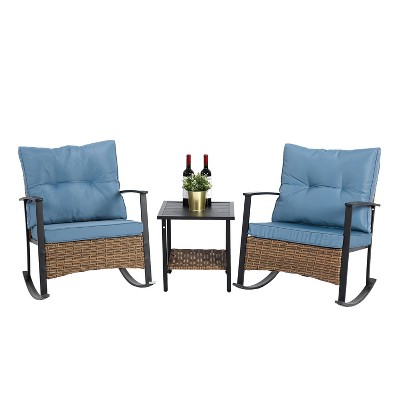 KTMBDW 3 Piece Rocking Bistro Set Wicker Patio Outdoor Furniture Porch Chairs Conversation Sets with Rattan Coffee Table, Blue
