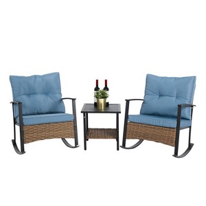 KTMBDW 3 Piece Rocking Bistro Set Wicker Patio Outdoor Furniture Porch Chairs Conversation Sets with Rattan Coffee Table - 1 of 4