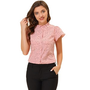 INSPIRE CHIC Women's Dots Print Ruffle Neck Short Sleeve Button Up Shirts - 1 of 4