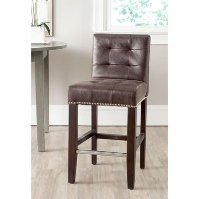 Antique Brown Leather and Wood Counter Stool
