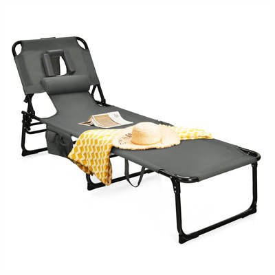 Tangkula Beach Lounge Chair Reclining Chair with 5 Adjustable Positions Detachable Pillow &Hand Ropes Blue/Black/Gray/Turquoise/Beige/Pink