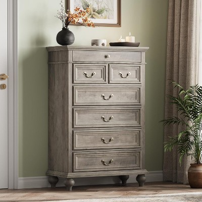 Farmhouse Tall Dresser for Bedroom with 7 Drawers, 50" Tall Large Wood Chest of Drawers with Jewelry Storage for Bedroom, Living Room, Hallway
