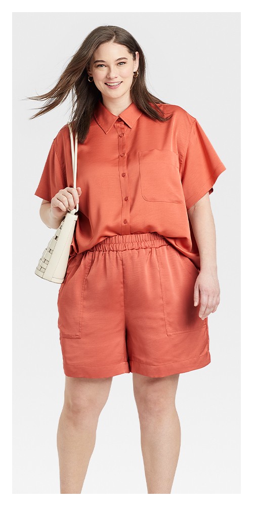 Women's Plus Size High-Rise Satin Pull-On Shorts - A New Day™ Orange 2X, Women's Short Sleeve Satin Button-Down Shirt - A New Day™ Orange XL