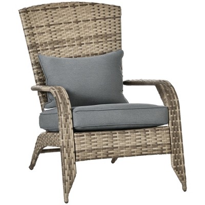 Outsunny Patio Adirondack Chair with All-Weather Rattan Wicker, Soft Cushions, Tall Curved Backrest for Deck or Garden