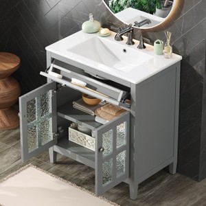 KWPZQEB 30" Bathroom Vanity with Ceramic Basin, Vanity Sink Cabinet with Tip-Out Tray & Adjustable Shelf, Modern Bathroom Storage Cabinet - 1 of 4