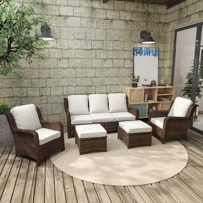 Sapphtopaz Patio Furniture Set Rattan Sectional Outdoor Chairs Set with Cushions and Ottoman for Garden, Backyard, Terrace, Balcony