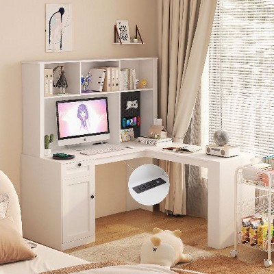 CENGHU L-Shaped Desk with Charger, Computer Desk with Drawers & Bookshelf, Modern Corner Desk, Home Office Desk, Study Table Writing Desk