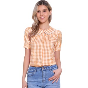 INSPIRE CHIC Women's Plaid Puff Short Sleeve Button Down Peter Pan Collar Shirt - 1 of 4