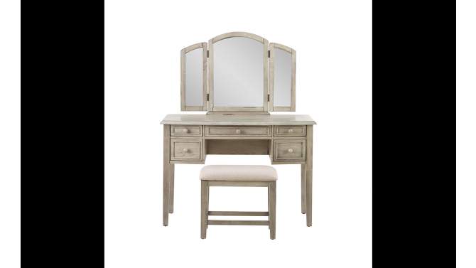 Sophie Traditional Wood Tri-fold Mirror 5 Drawer Vanity and Stool Washed White Wash - Powell, 2 of 12, play video