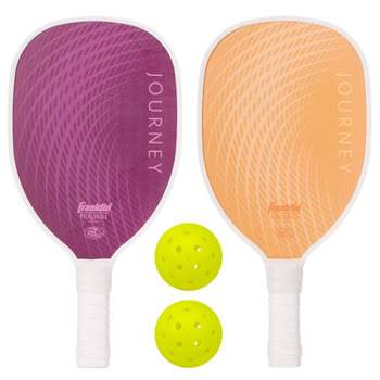 Franklin Sports 2 Player Wood Journey Pickleball Paddle and Ball Set in Mesh bag - Purple/Orange