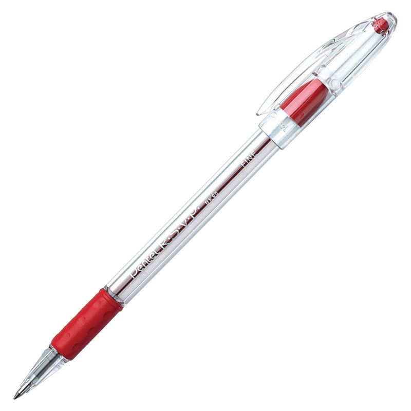 Pentel R.S.V.P. Refillable Ballpoint Pen, 0.7 mm Fine Tip, Red Ink, Clear Barrel, Pack of 12, 1 of 2