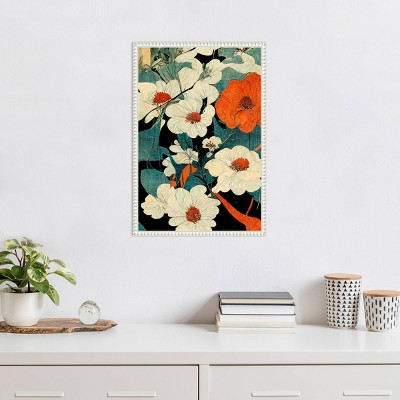 Asian Flowers Beaded Framed Canvas Wall Art Print