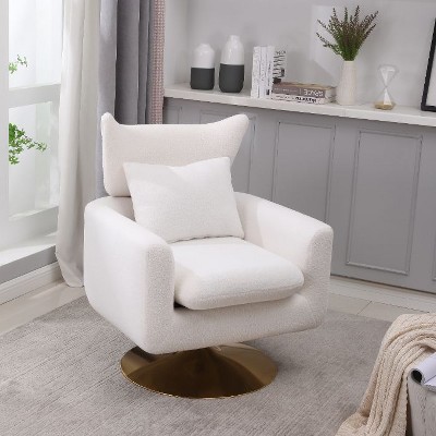 CAVINAS Classic Mid-Century Swivel Accent Chair with Curved Backrest, Upholstered 360-Degree Barrel Chair with Gold Metal Base