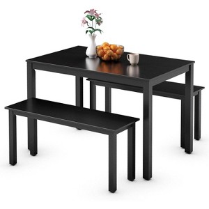 Tangkula 3pcs Wood Dining Table w/ 2 Benches 3 PCS Dining Table Set Solid Acacia Wood Legs Space-Saving Design Modern Style Black - 1 of 4