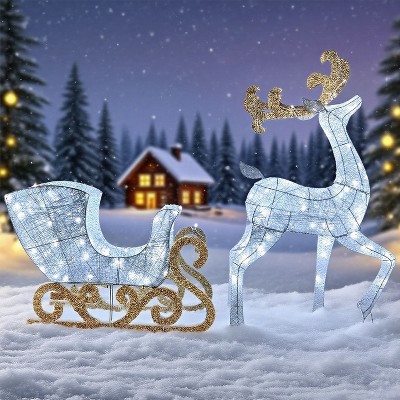 Joyfy 2Packs Reindeer and Sleigh Christmas Yard Light Decoration with 180 LED Cool White Lights for Xmas Event Indoor Outdoor Yard Garden Lawn Decor