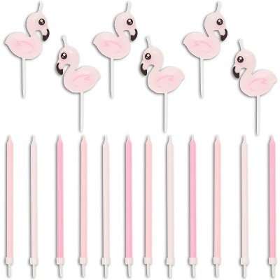 Blue Panda 18-Pack Pink 3D Flamingo Cake Topper with Thin Long Birthday Candles 5.5-Inch in Holders