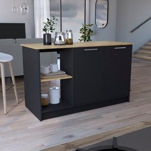 APRILSOUL Black and Dark Walnut Kitchen Island with 4 Open Shelves, 2 Cabinets, Easy-Assembly Modern Prep Station - 1 of 4