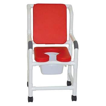 MJM International Corporation Shower chair 18 inwidth 3 in RED cushion padded back RED10 qt slide out commode pail300 lbs wt