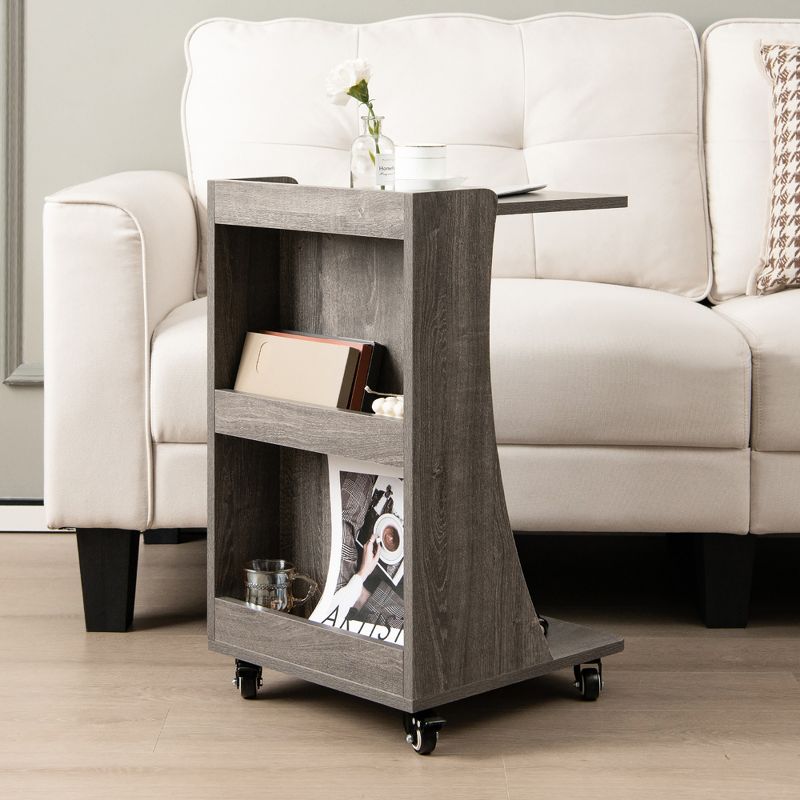 Costway Side Table with Rolling Casters Mobile C-shaped End Table with 2-Tier Open Storage Shelf &2 Back Storage Compartments Brown/Grey, 2 of 11