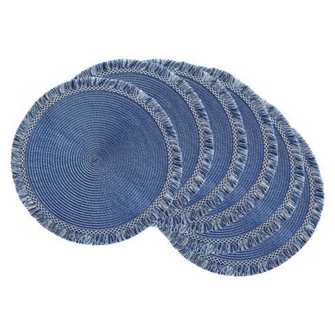 6pk Plastic Fringed Placemats Blue, Navy Blue Round Placemats