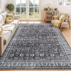 Faux Wool Vintage Distressed Floral Printed Area Rug  Ultra Thin Machine Washable Non Slip Stain Resistant Non Shedding Pet Friendly Floor Rug - 1 of 4