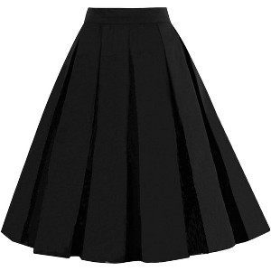 Women's Vintage Floral Midi Skirt - Pleated A-Line Skirt with Pockets A-solid-black - 1 of 4