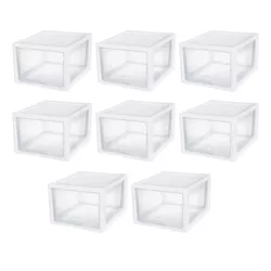 Sterilite 27 Quart Modular Stacking Storage Drawer Home Organization Container with Clear Side Panels and White Frame, 8 Pack