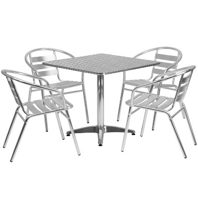 Emma and Oliver 31.5" Square Aluminum Table Set with 4 Slat Back Chairs