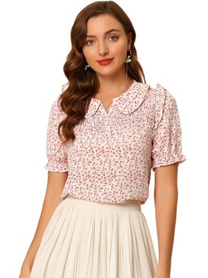 INSPIRE CHIC Women's Peter Pan Collar Smocked Puff Short Sleeve Ruffle Floral Blouse