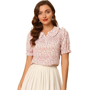 INSPIRE CHIC Women's Peter Pan Collar Smocked Puff Short Sleeve Ruffle Floral Blouse - 1 of 4