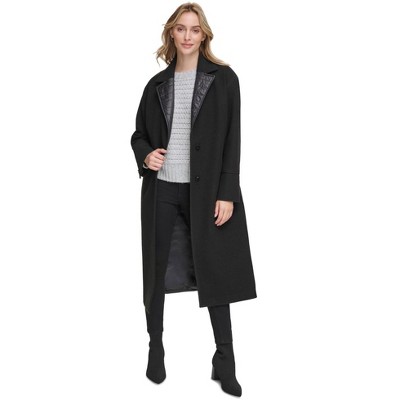 Calvin Klein Womens Long Quilted Puffer Trim Trench Coat, Black, Medium