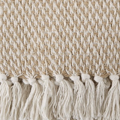Stone Beige Cotton Woven Throw Blanket with Fringe