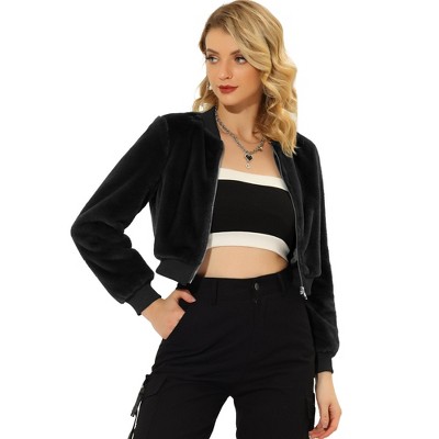 INSPIRE CHIC Women's Winter Fluffy Zipper Up Cropped Faux Fur Bomber Jacket