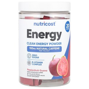 Nutricost Energy, Clean Energy Powder, Passionfruit Guava, 20 Stick Packs, 0.18 oz (5 g) Each - 1 of 3