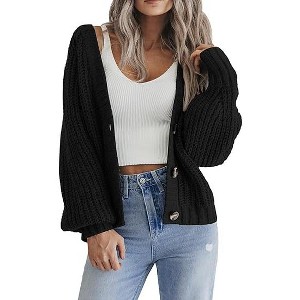 Zeagoo Women's 2025 Fall Chunky Knit Cardigans Open Front Long Sleeve V Neck Button Loose Cardigan Sweaters - 1 of 4