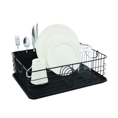 Farberware Sink Series Dish Rack with Metal Handles, 16.9" x 14.5", Rust-Resistant & Satin Frame with Plastic Drainboard - Matte Black