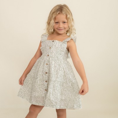 Organic Flutter Buttoned Tiered Dress - Sage Floral