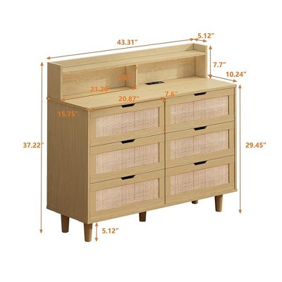 Natural Rattan 6-Drawer Dresser with LED Lights and Power Outlet