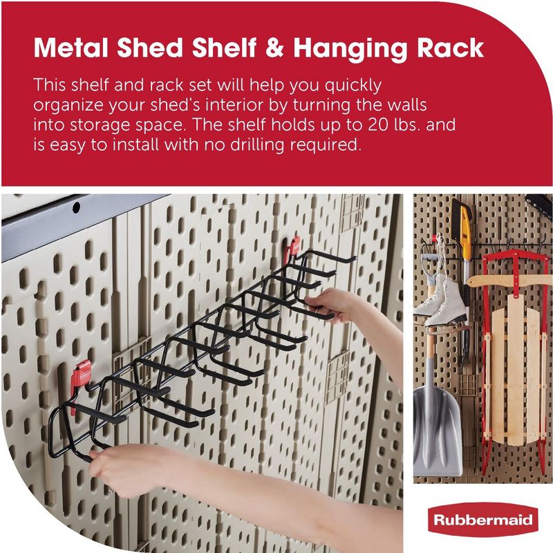 Rubbermaid 20 Pound Capacity Heavy Duty Metal Shed Tool and Accessory Shelf and 50 Pound Capacity 34 Inch Heavy Duty Storage Shed Tool Rack (1 pack), 3 of 7